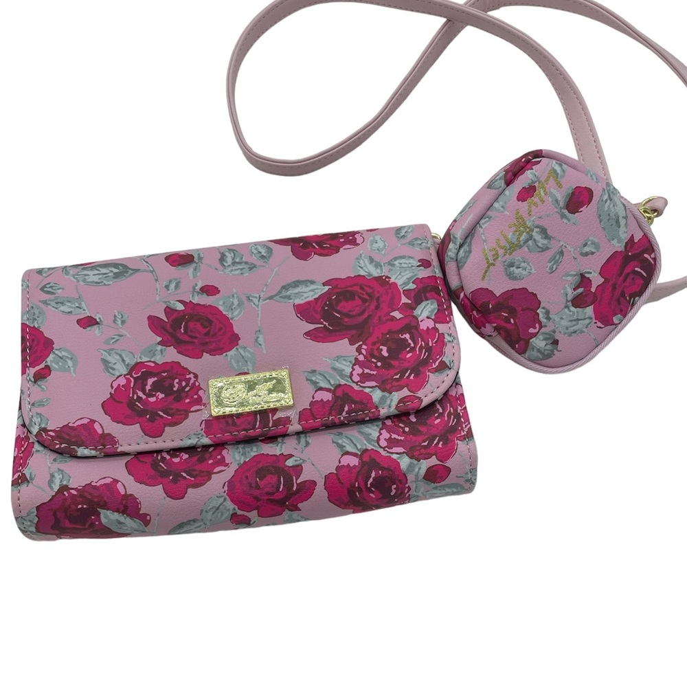 Luv Betsey Johnson Pink Floral Rose Crossbody Bag with Matching Coin‎ Pouch Set